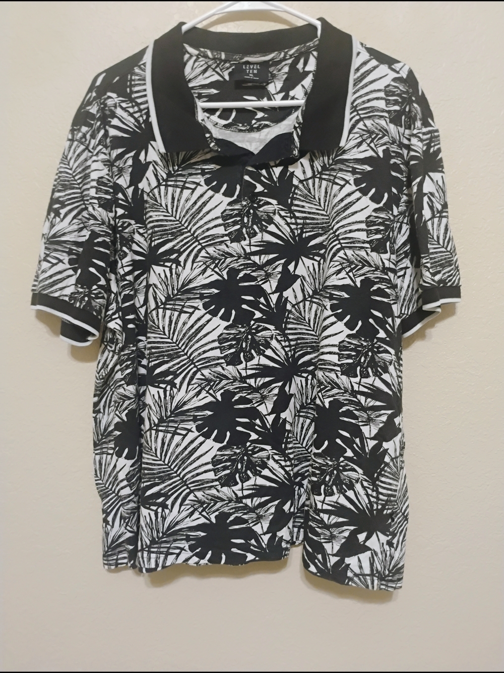 Level Ten Tropical Print Polo Shirt XL Black White Cotton
